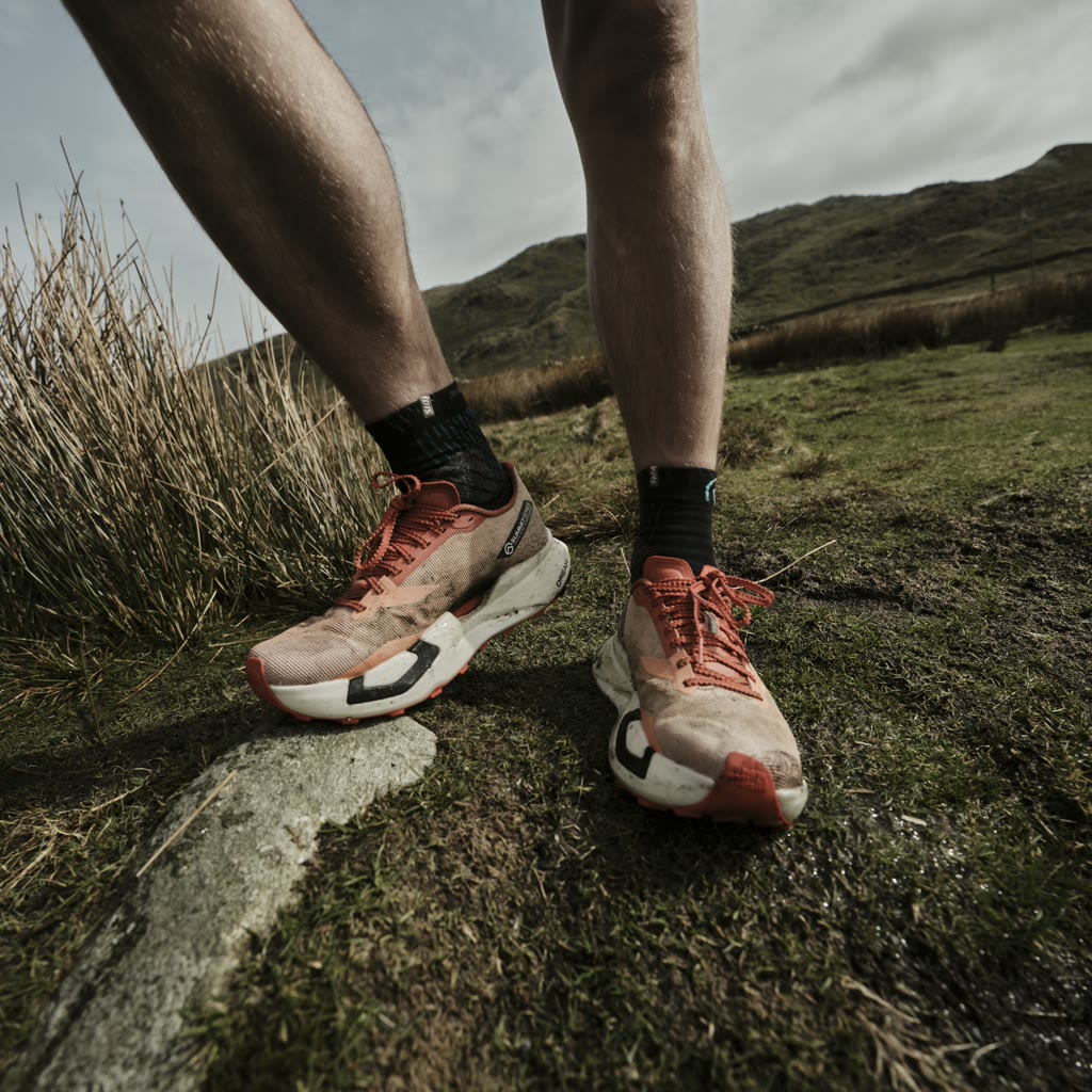 Sufferfest — trail shoes and legs low against the open fell